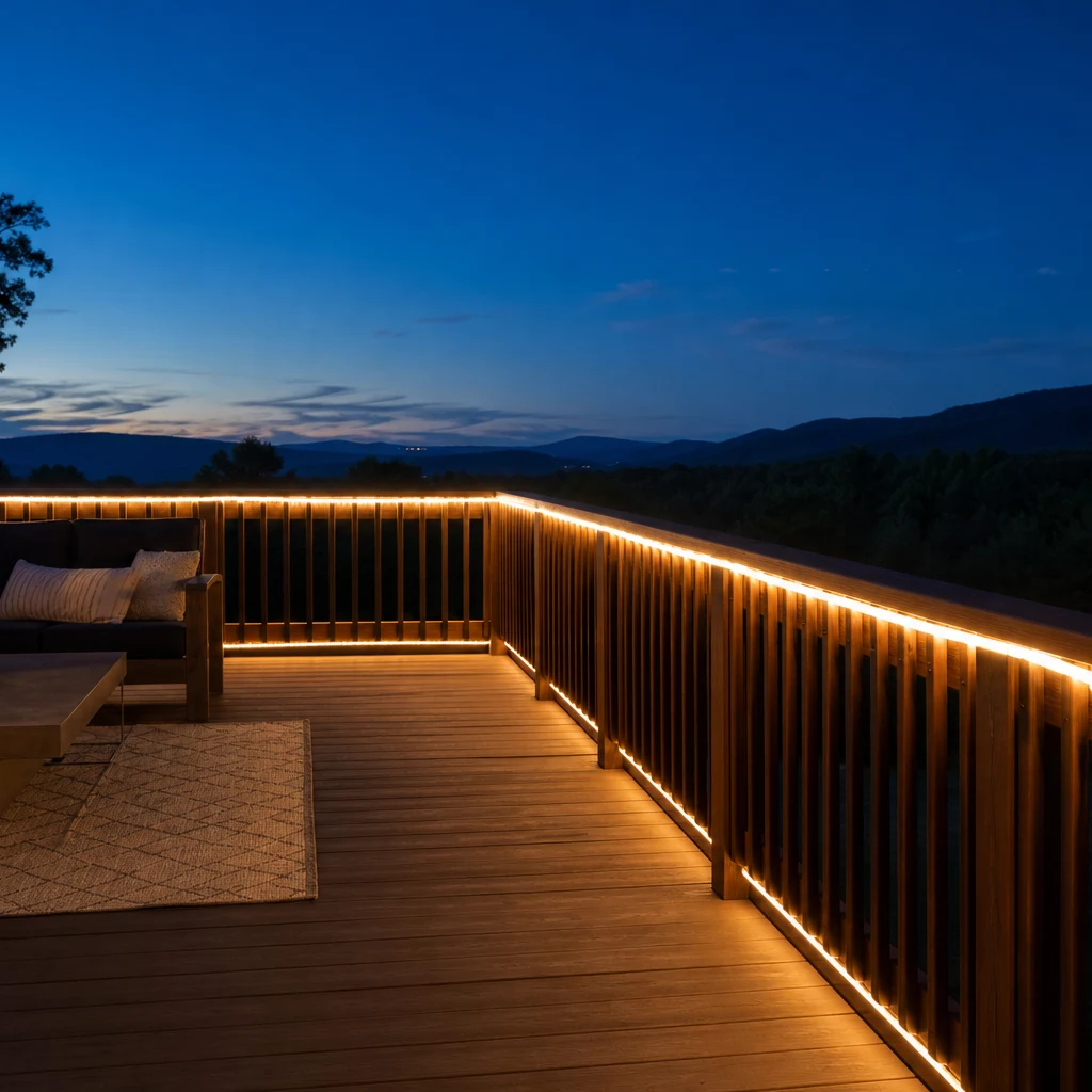 Rope Lights Along Deck Railing - DIY outdoor patio lighting project