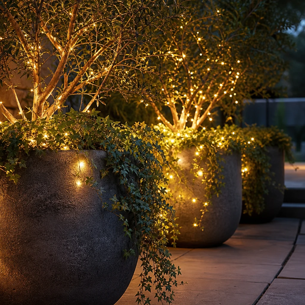 Solar Fairy Lights in Planters - DIY outdoor patio lighting project