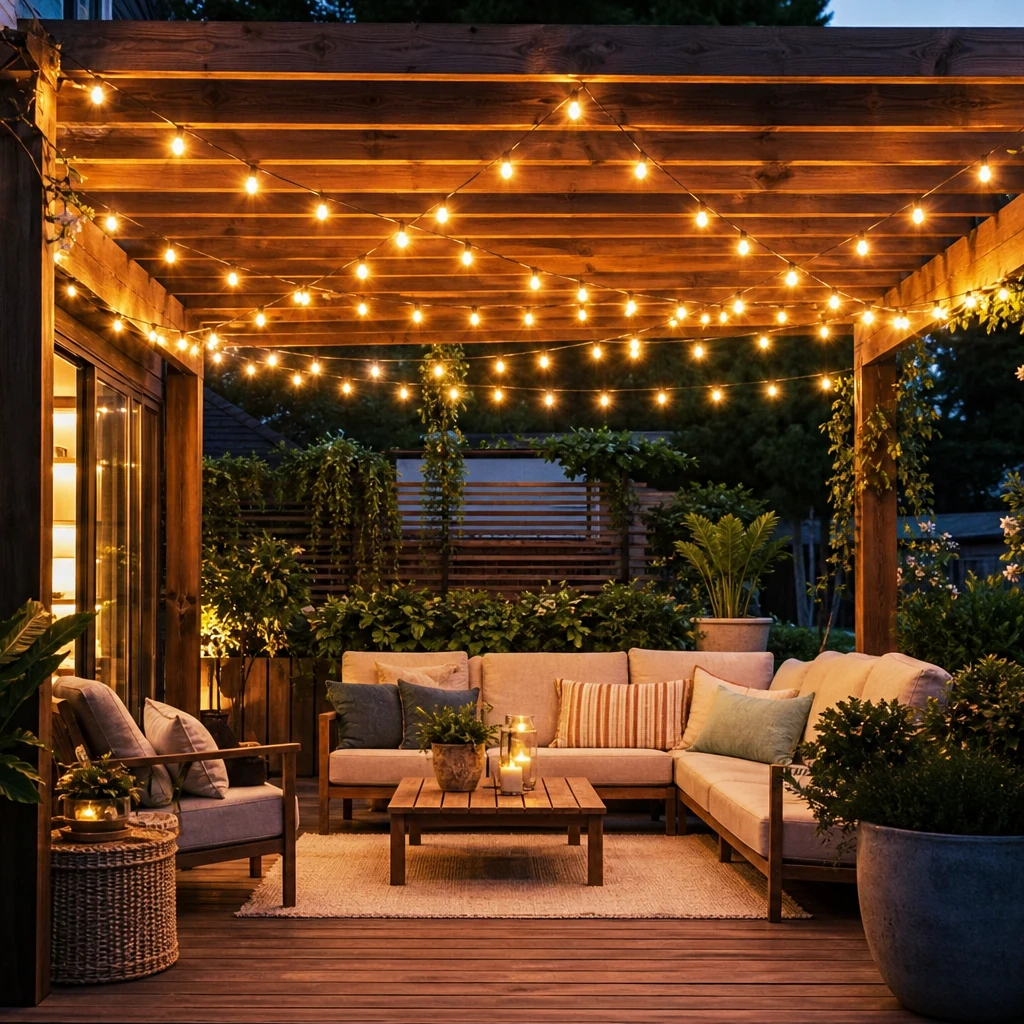String Light Canopy Over Your Patio - DIY outdoor patio lighting project
