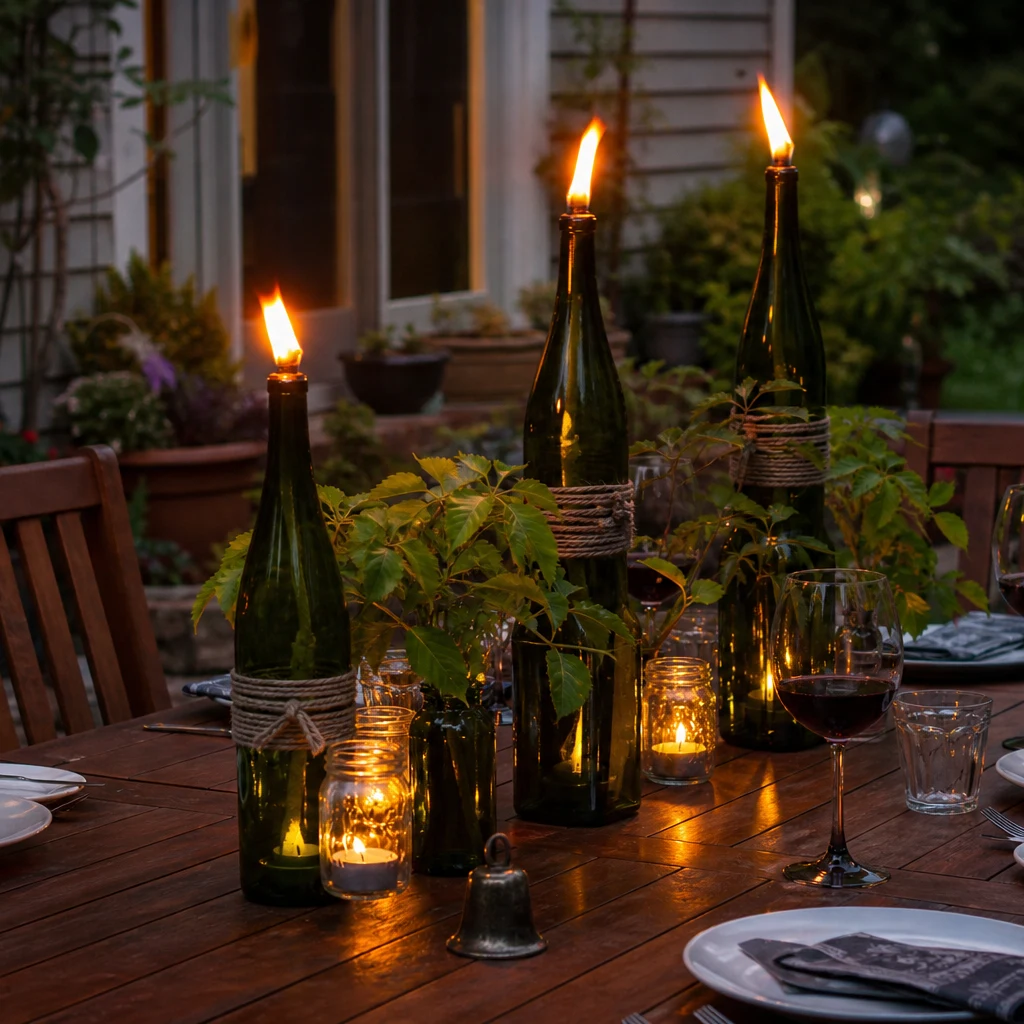 Upcycled Wine Bottle Tiki Torches - DIY outdoor patio lighting project