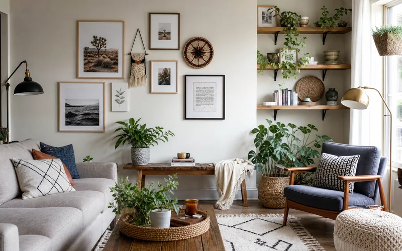 Bright living room with DIY gallery wall, floating shelves, and cozy personalized decor touches