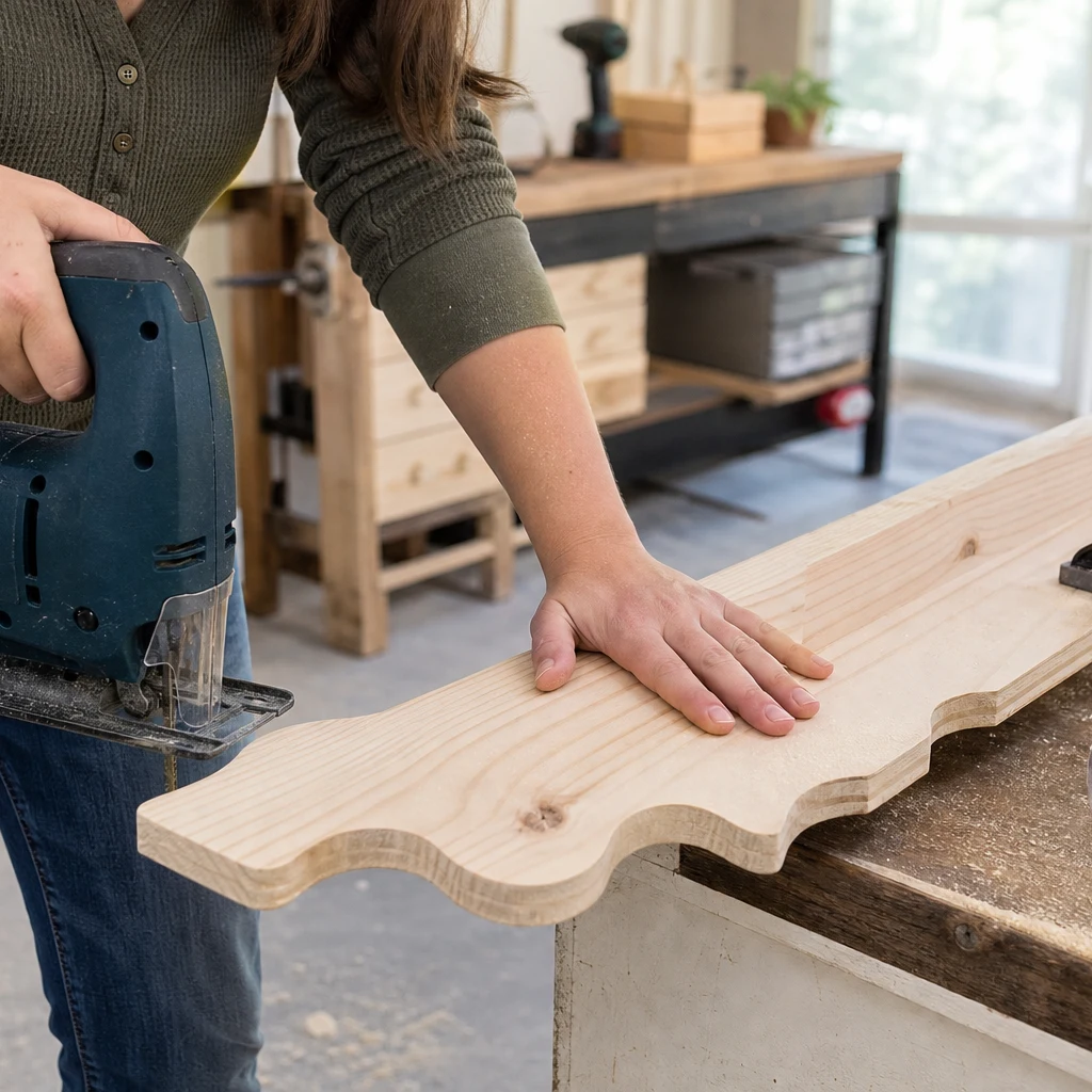 Cutting a scalloped wavy edge on a pine shelf board with a jigsaw