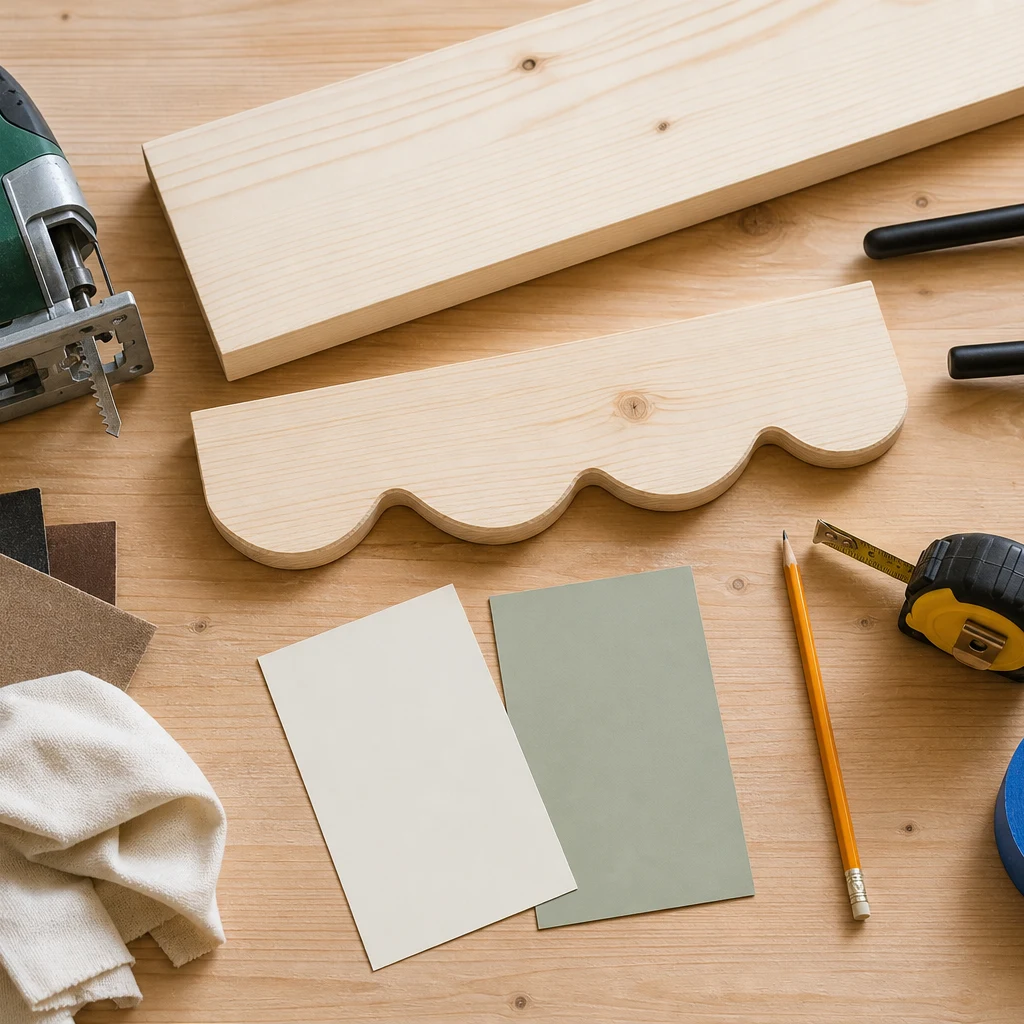 Materials and tools for DIY scalloped floating shelves laid out on a workbench