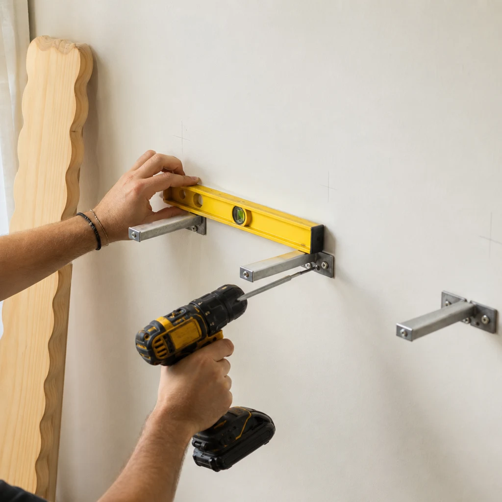 Installing hidden floating shelf brackets on a wall with a level and drill