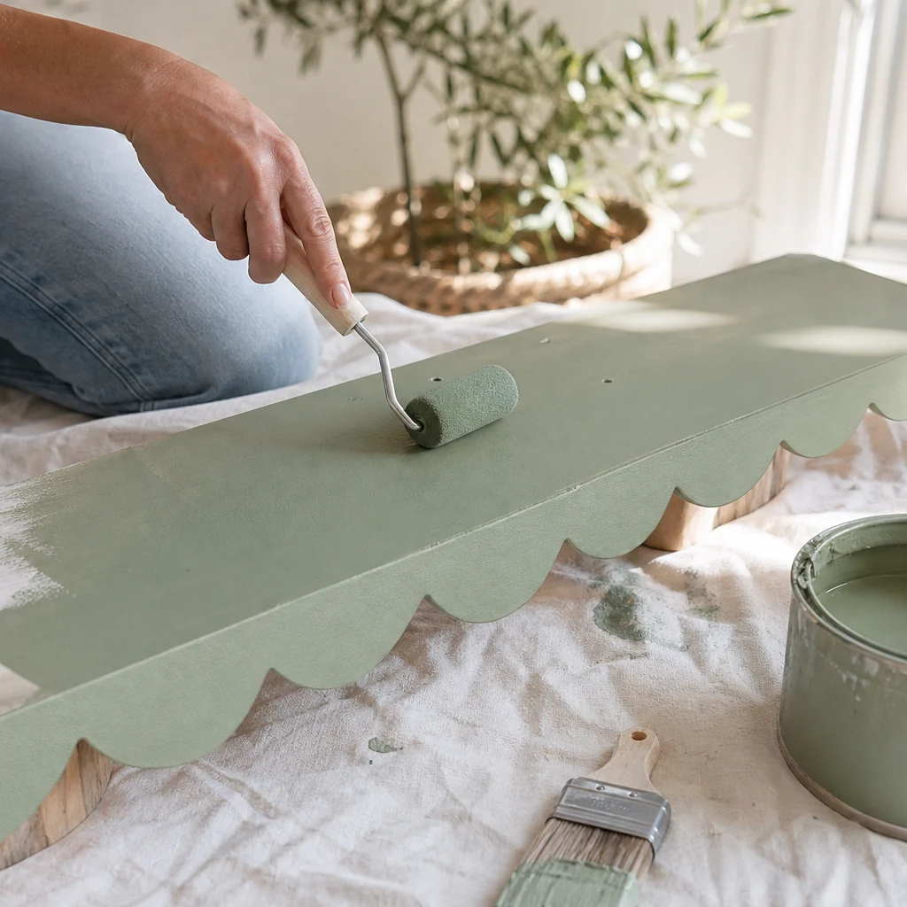 Painting a scalloped floating shelf soft sage green with a foam roller