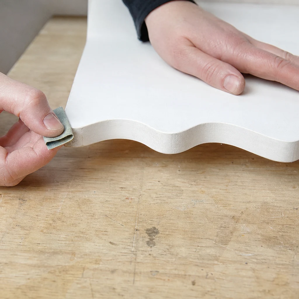 Sanding the scalloped edge of a floating shelf smooth with fine grit sandpaper