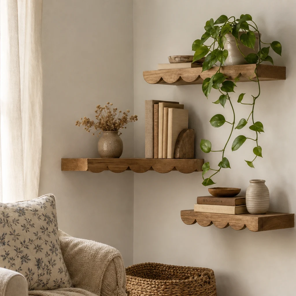 Finished scalloped floating shelves styled in a cozy reading nook with plants and books