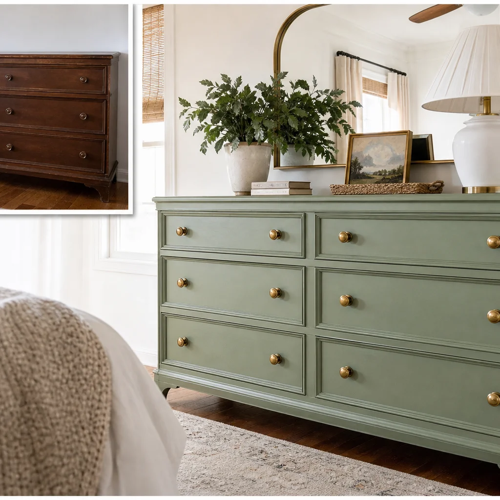 Upcycled vintage dresser painted sage green with new brass hardware in a bright bedroom