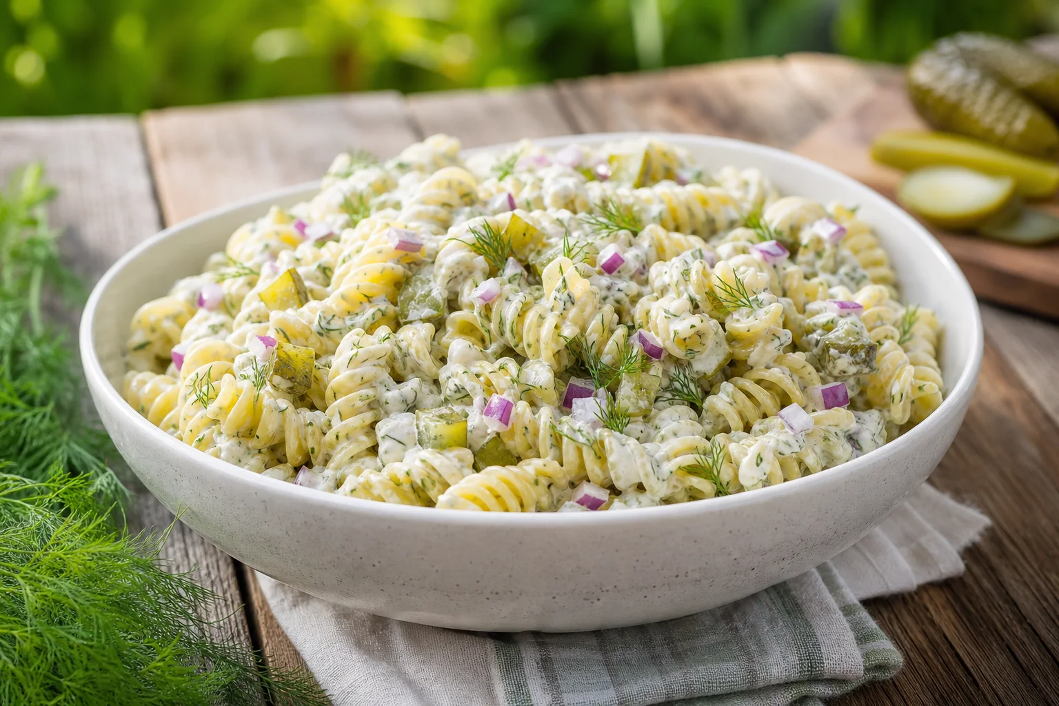 Creamy dill pickle pasta salad with rotini pickles fresh dill and red onion in a white serving bowl on a summer picnic table