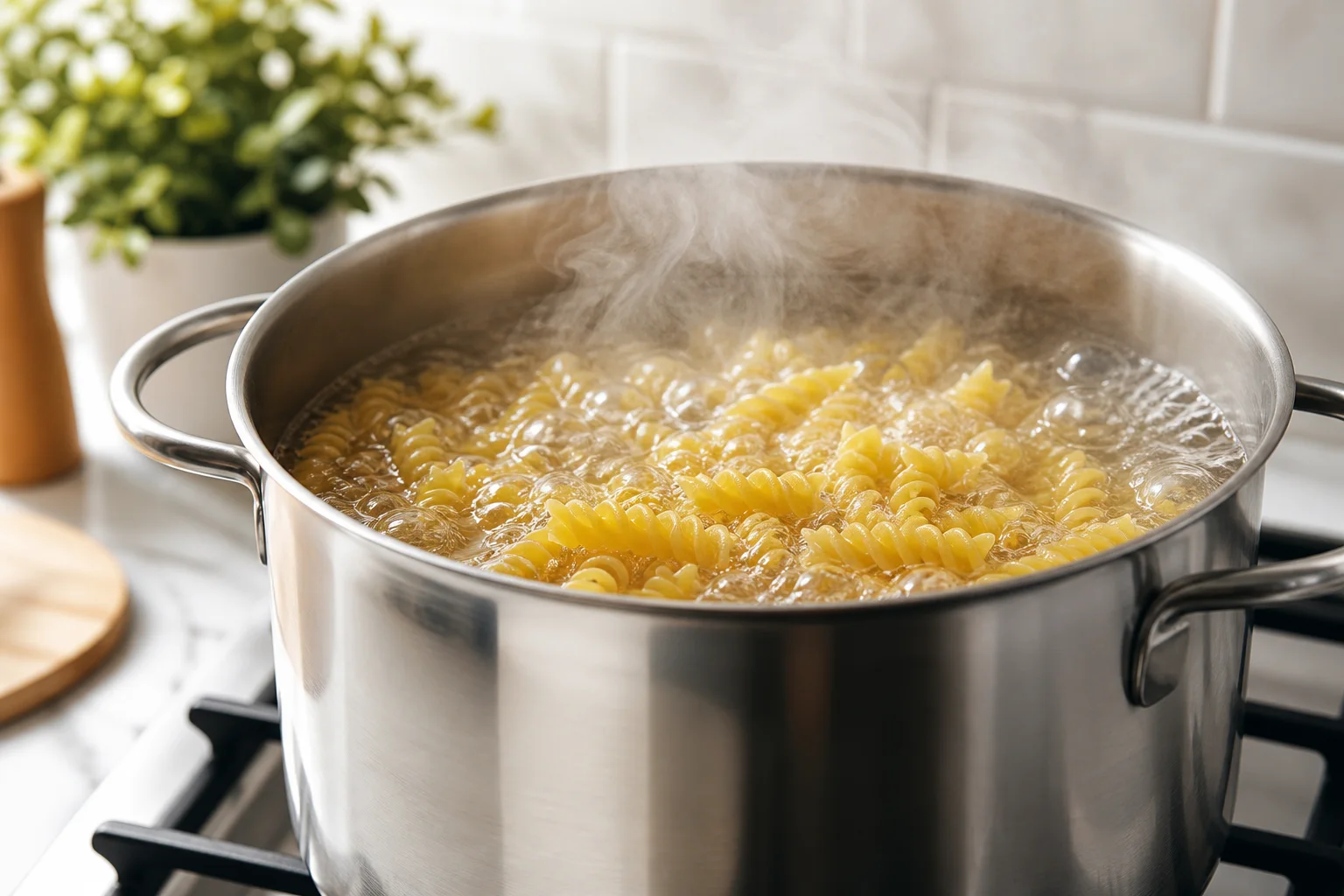 Rotini pasta boiling in a large stainless steel pot on a kitchen stove for dill pickle pasta salad recipe