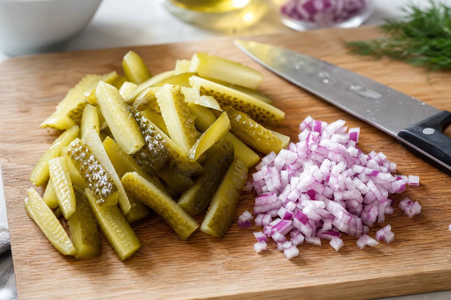 Chopped dill pickles and diced red onion on a wooden cutting board for dill pickle pasta salad