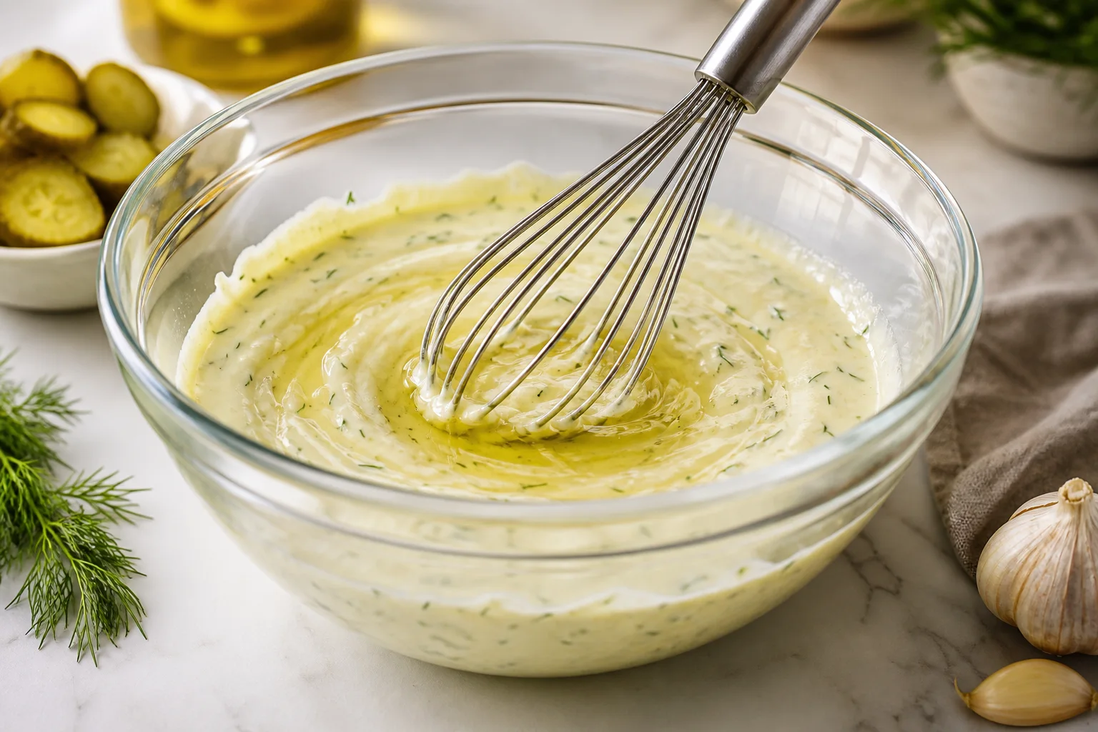 Creamy dill pickle dressing with pickle juice and fresh dill whisked in a glass mixing bowl