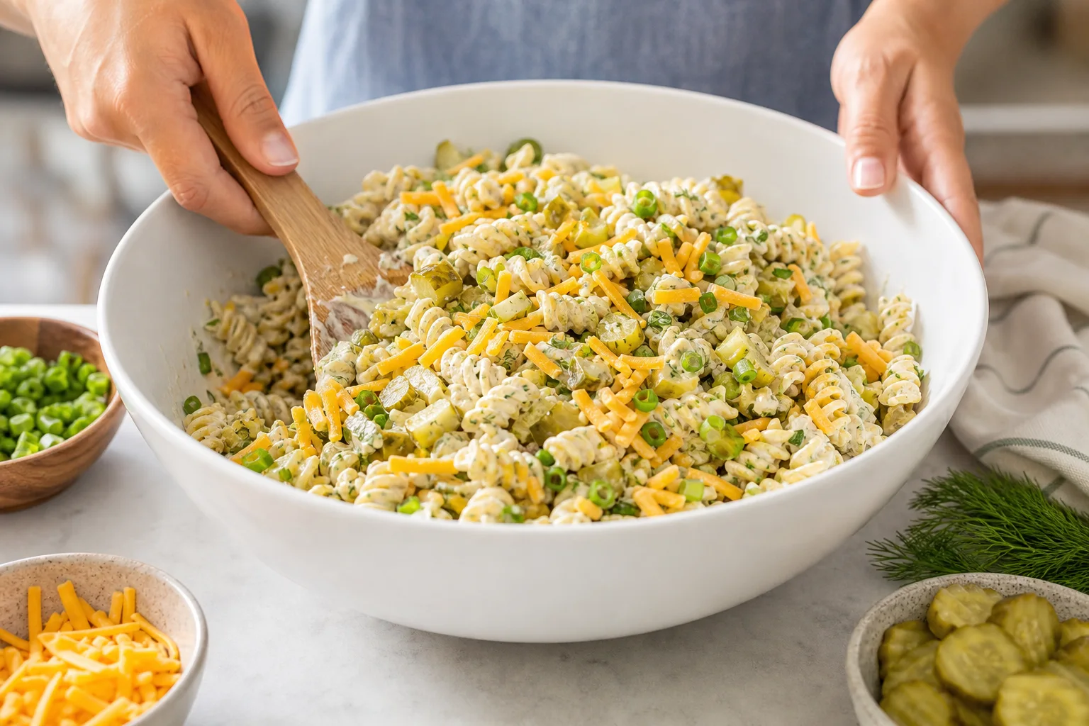 Rotini pasta folded with creamy dill pickle dressing chopped pickles and cheddar in a large white mixing bowl