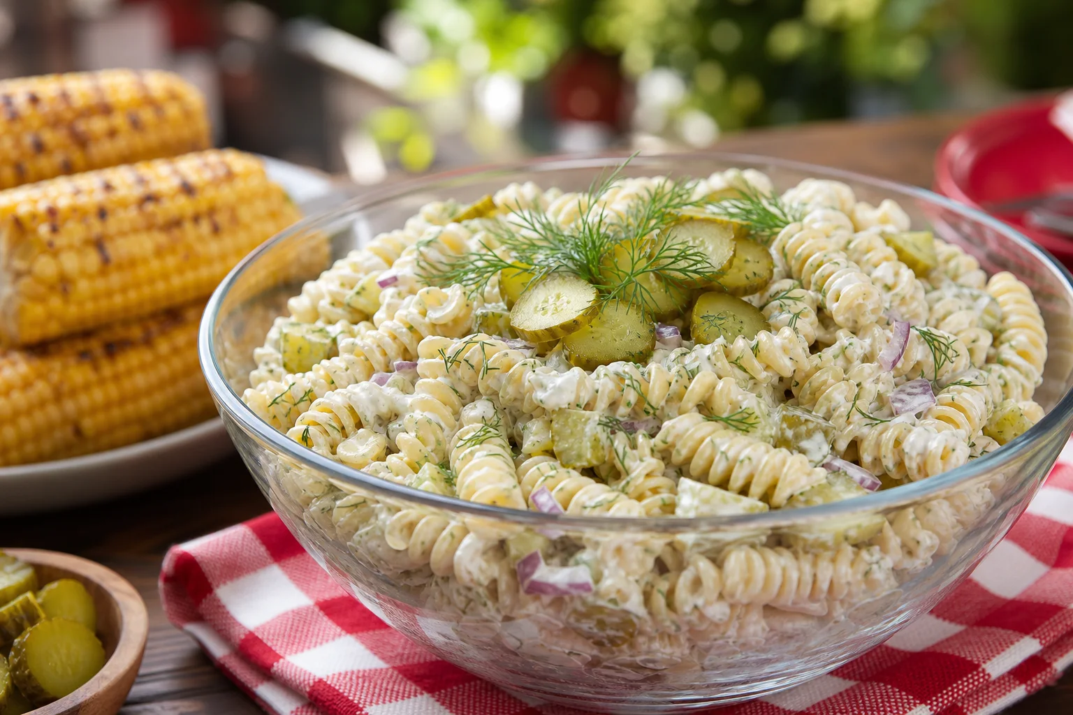 Dill pickle pasta salad served in a clear glass bowl with fresh dill garnish on a summer BBQ table
