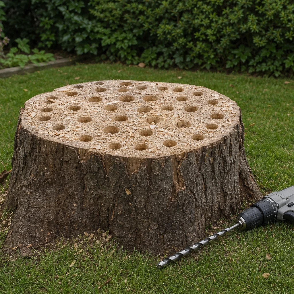 Tree stump with drilled holes and cordless drill on grass beside it