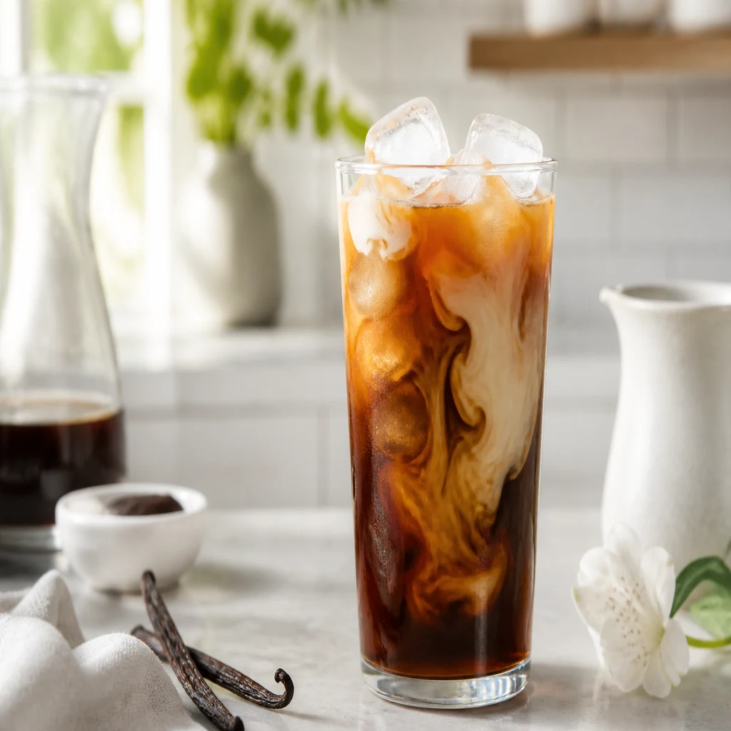 Iced vanilla cold brew coffee with ice and creamy swirl