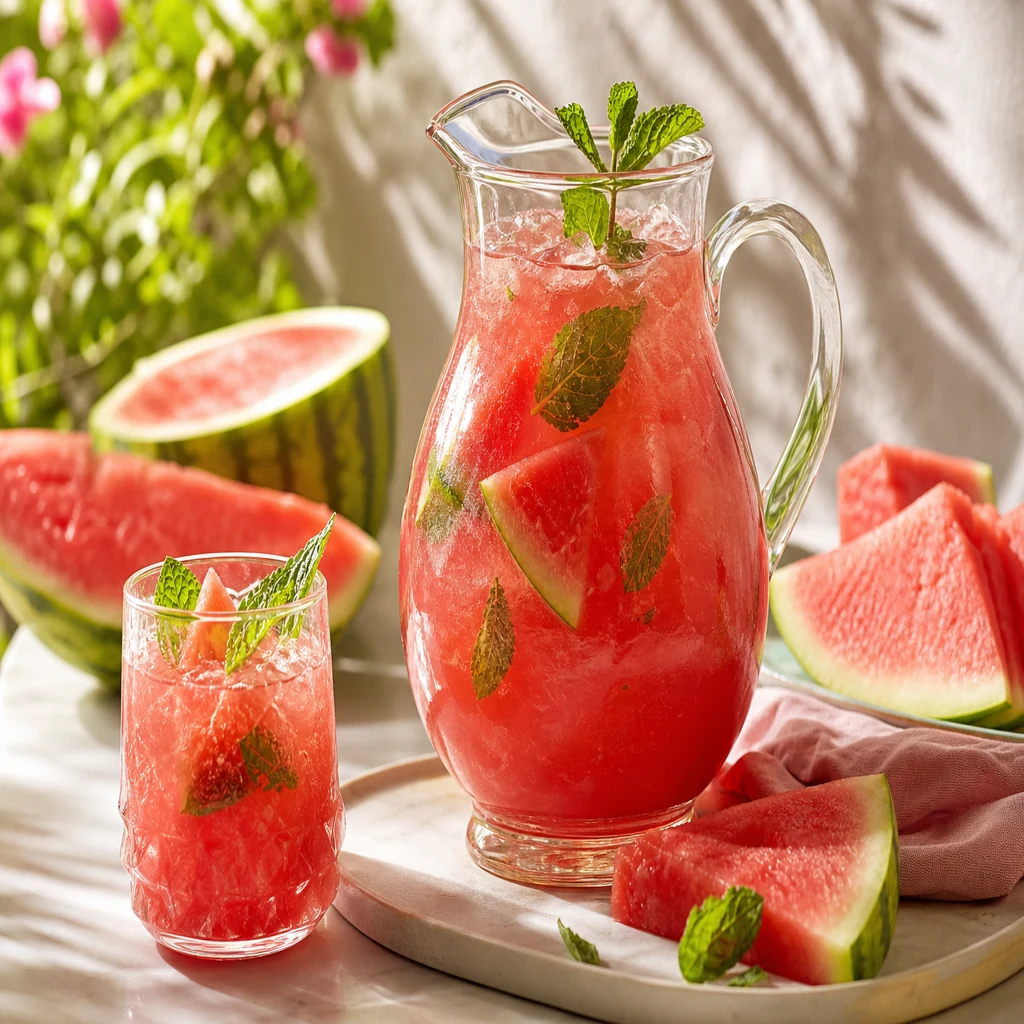 Watermelon mint agua fresca in a glass pitcher