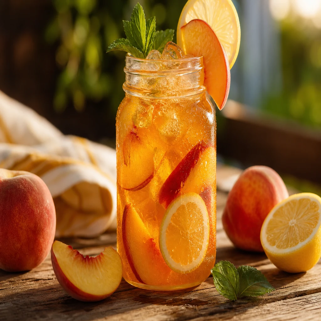 Peach iced tea lemonade in a mason jar