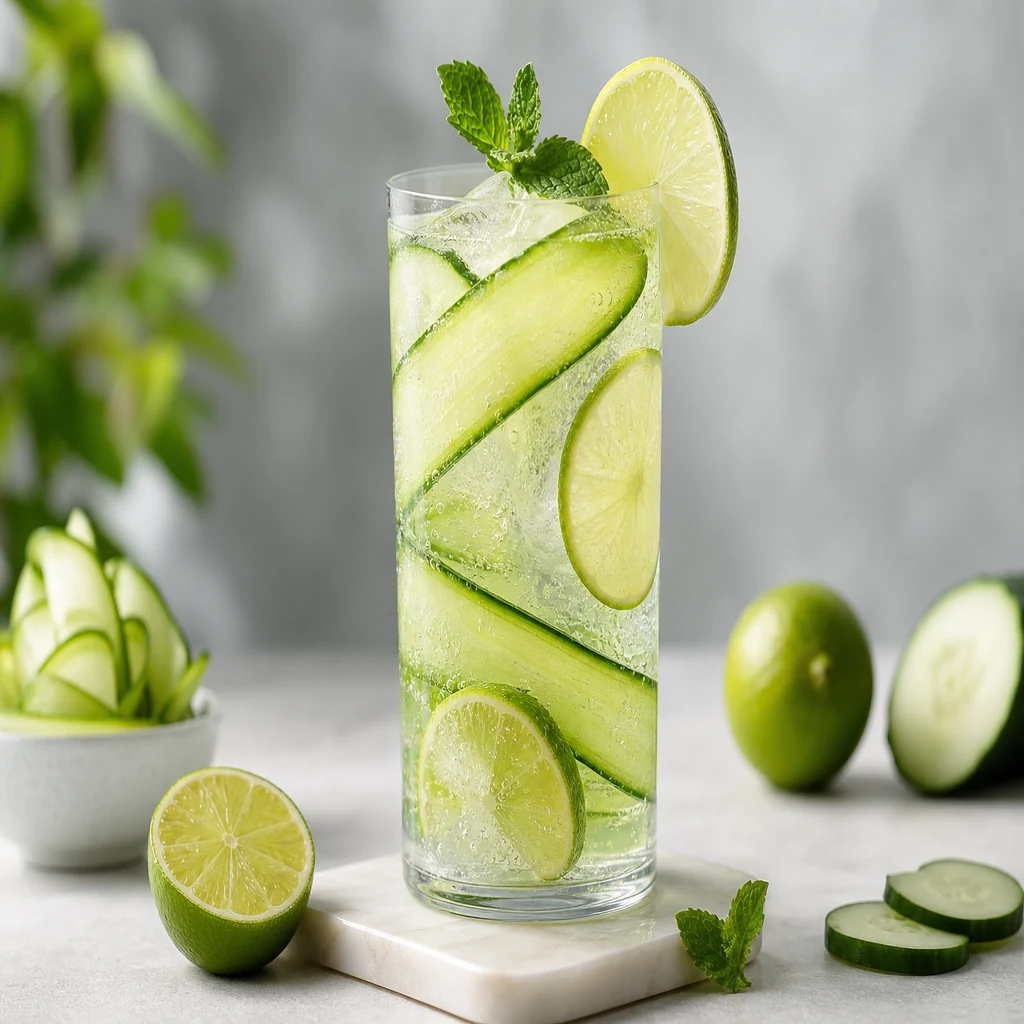 Cucumber lime sparkler mocktail with bubbles