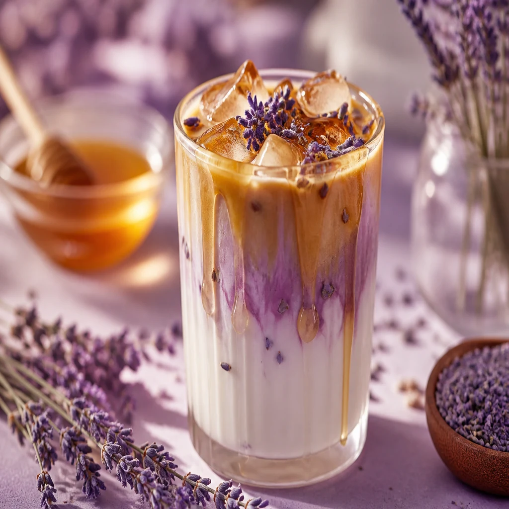 Lavender honey iced latte with purple layers