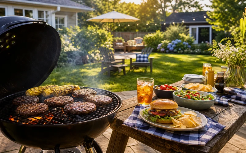 Backyard BBQ spread with grilled burgers, corn, and drinks on a sunny summer patio