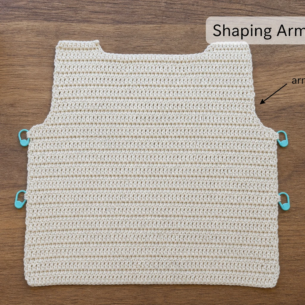 Shaping armholes on a crochet summer shirt panel with stitch markers