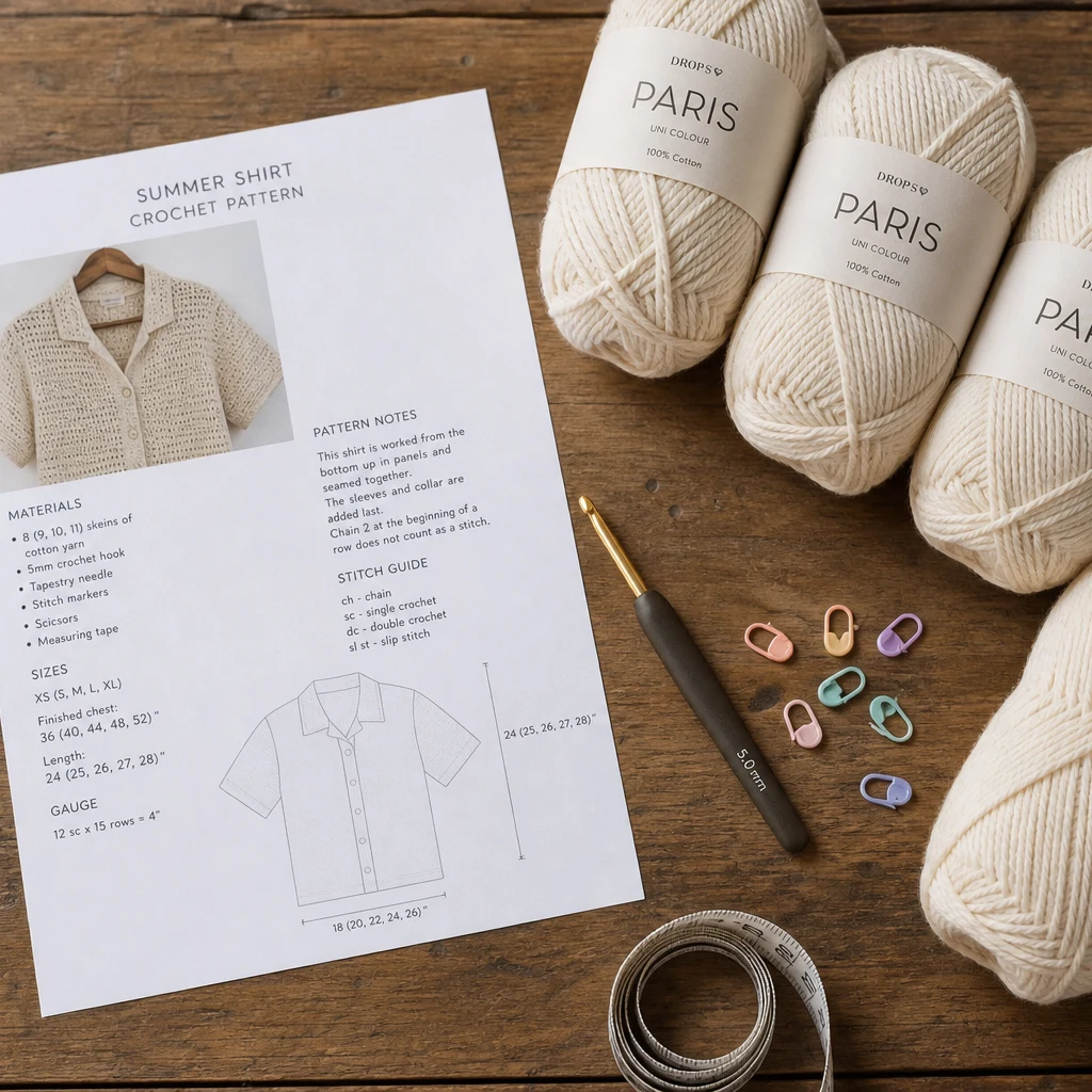 Crochet summer shirt supplies including cotton yarn skeins, hook, scissors, and stitch markers