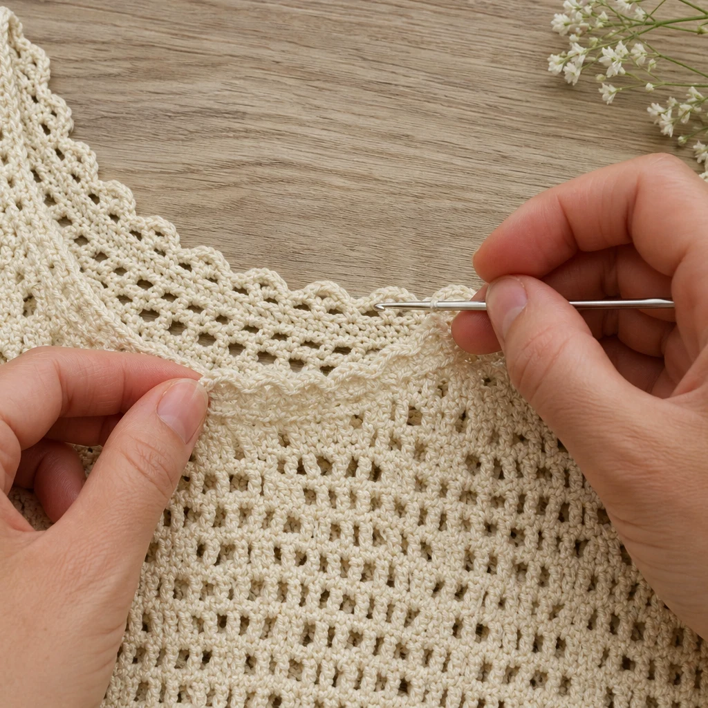 Adding scalloped edging to the neckline of a finished crochet summer shirt