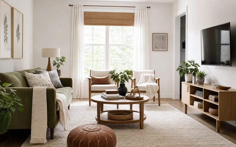 Bright living room refreshed on a budget with paint, plants, textiles, and cozy lighting