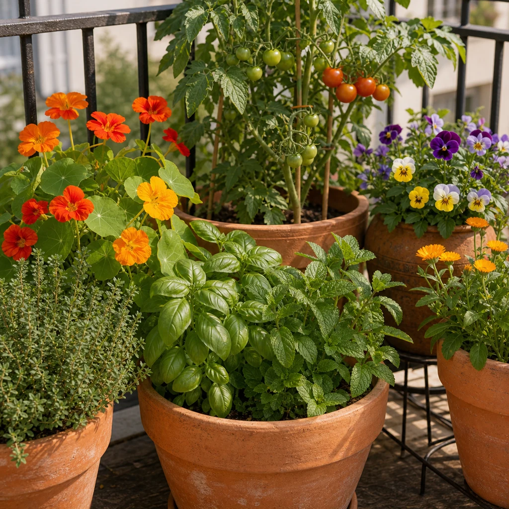 Edible herb and flower container garden on a small balcony