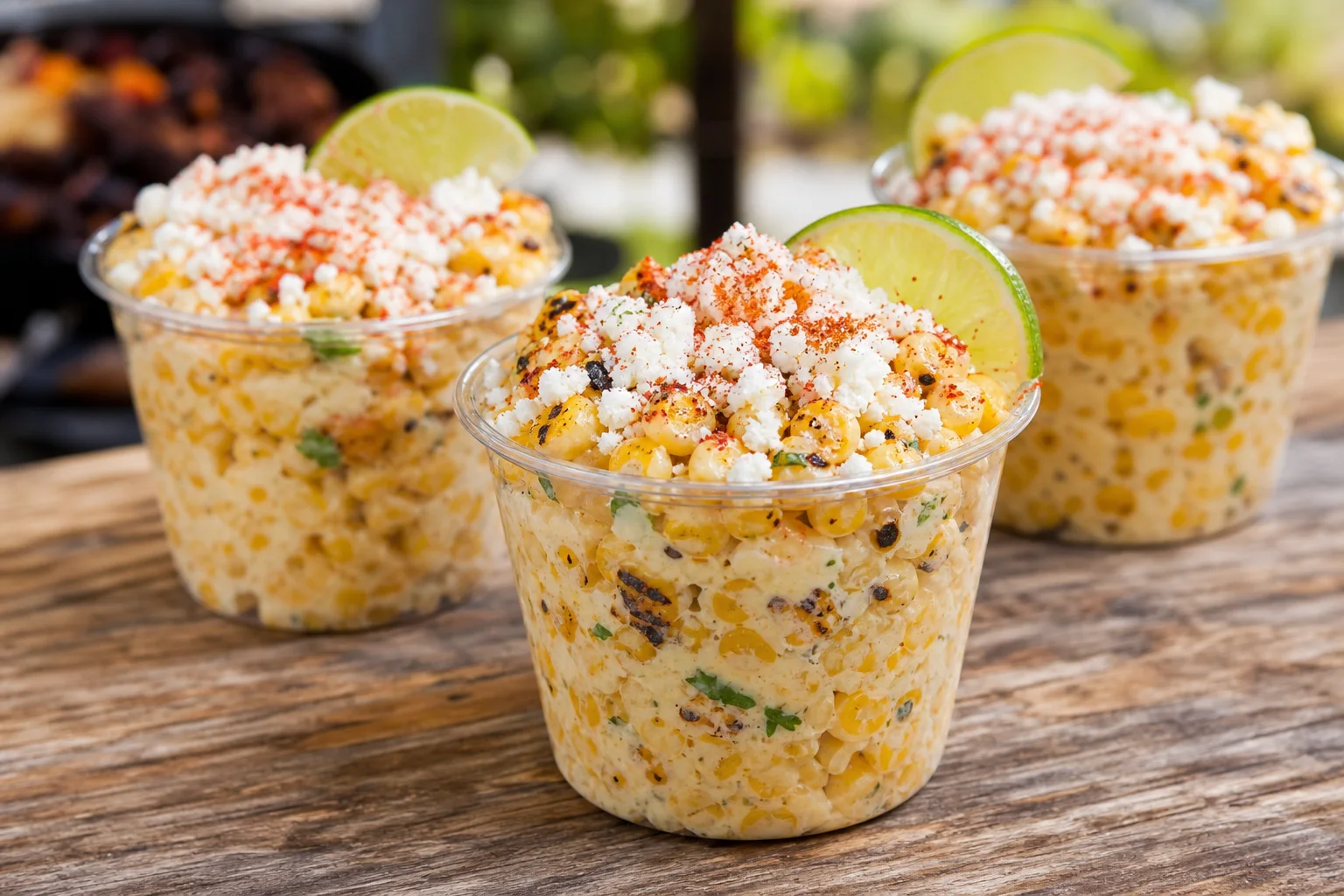 Esquites Mexican street corn in a cup topped with cotija cheese lime and chili powder