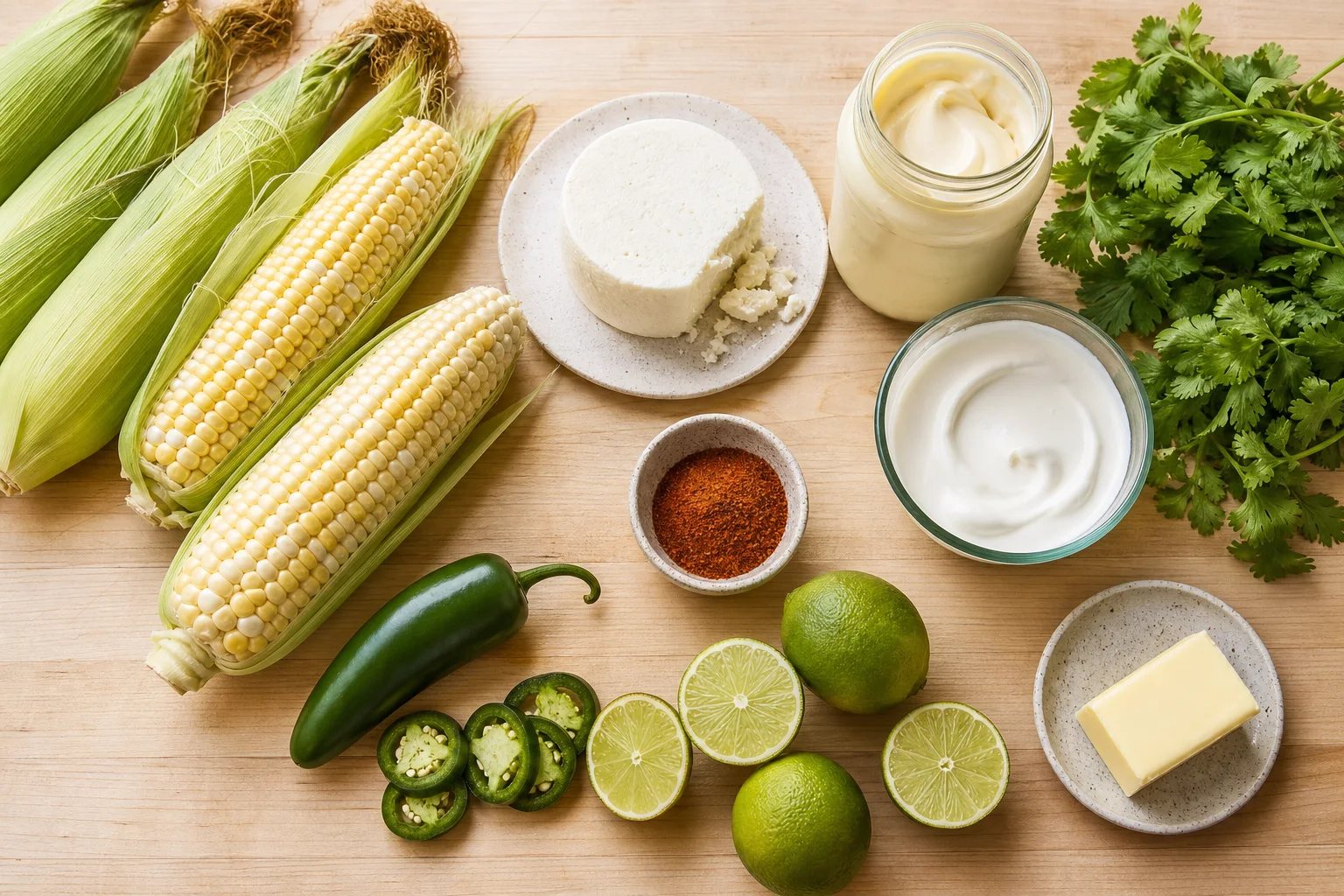 Esquites ingredients including fresh corn cotija cheese mayonnaise crema limes jalapeño and cilantro