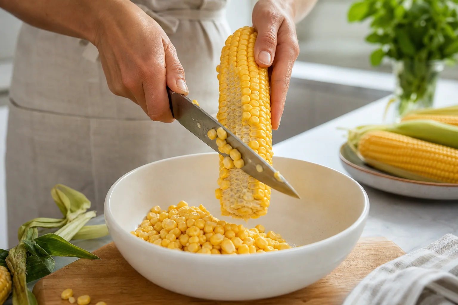 Fresh yellow corn kernels being cut off the cob into a white bowl for esquites recipe