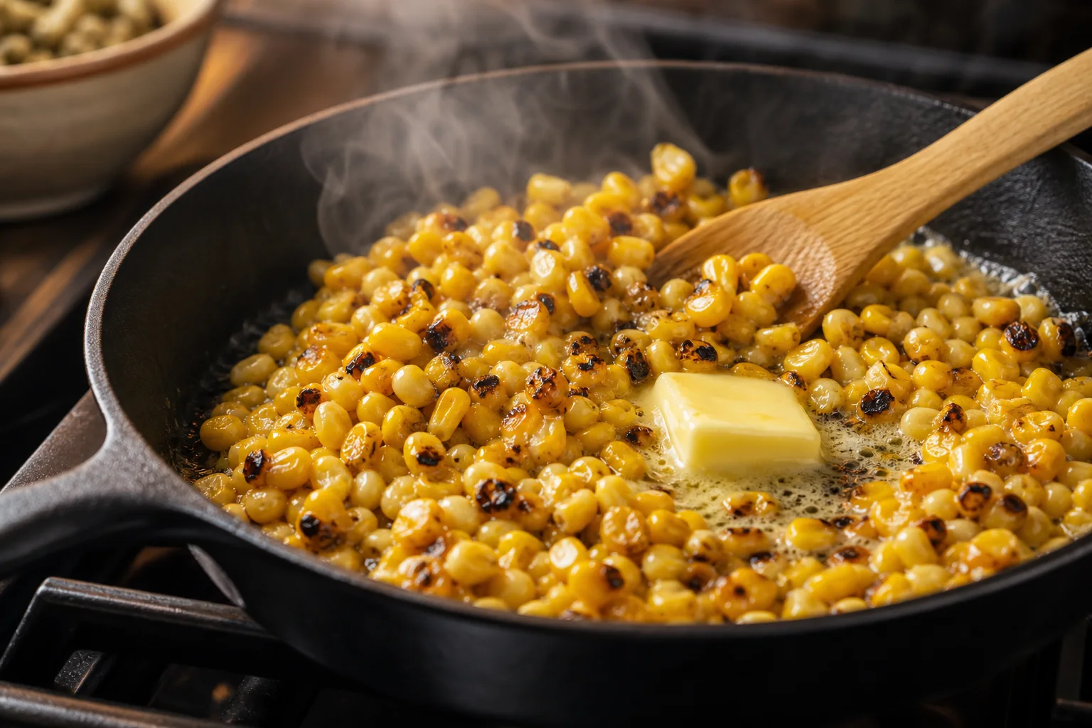 Charred corn kernels sizzling in cast iron skillet with butter for esquites Mexican street corn