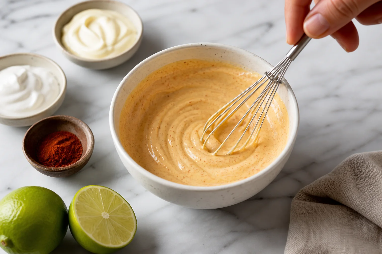 Creamy lime chili dressing for esquites whisked in a small bowl with mayonnaise and crema