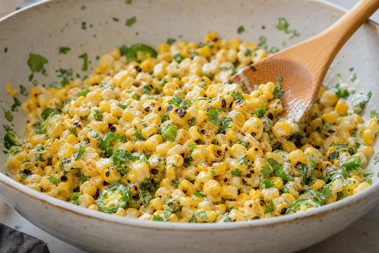 Charred corn tossed with creamy dressing jalapeño and cilantro in a large mixing bowl for esquites