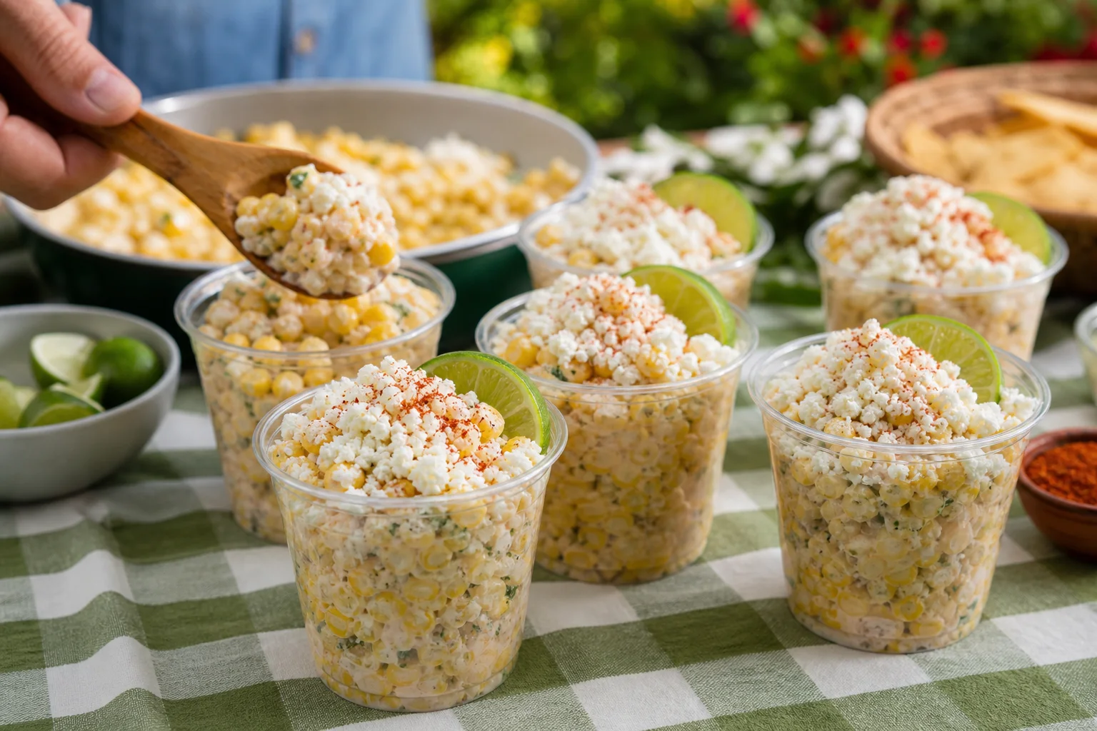 Esquites served in clear cups topped with cotija cheese chili powder and lime wedges on summer table