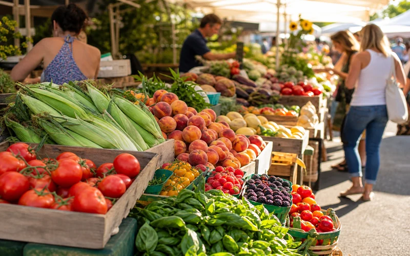 Colorful summer produce at a bustling outdoor farmers market