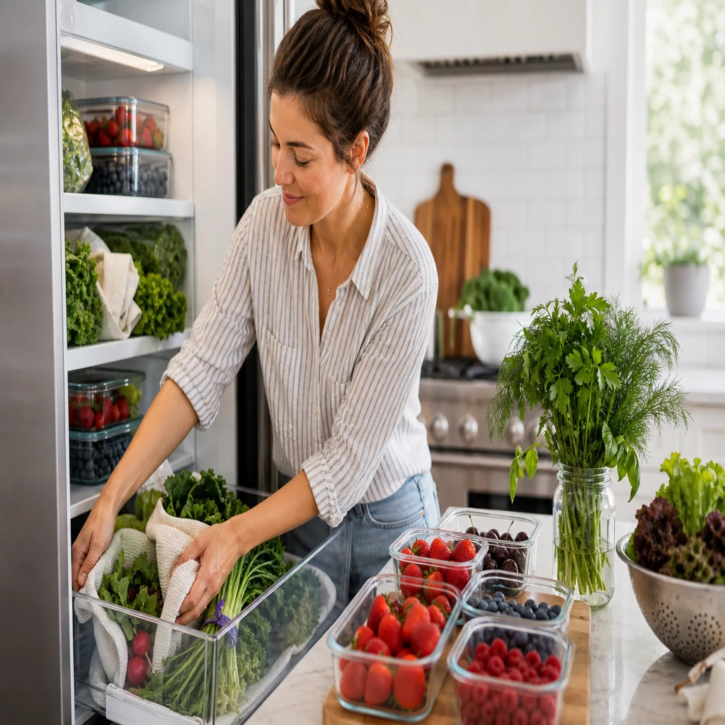 Fresh farmers market produce organized in a home kitchen refrigerator and counter