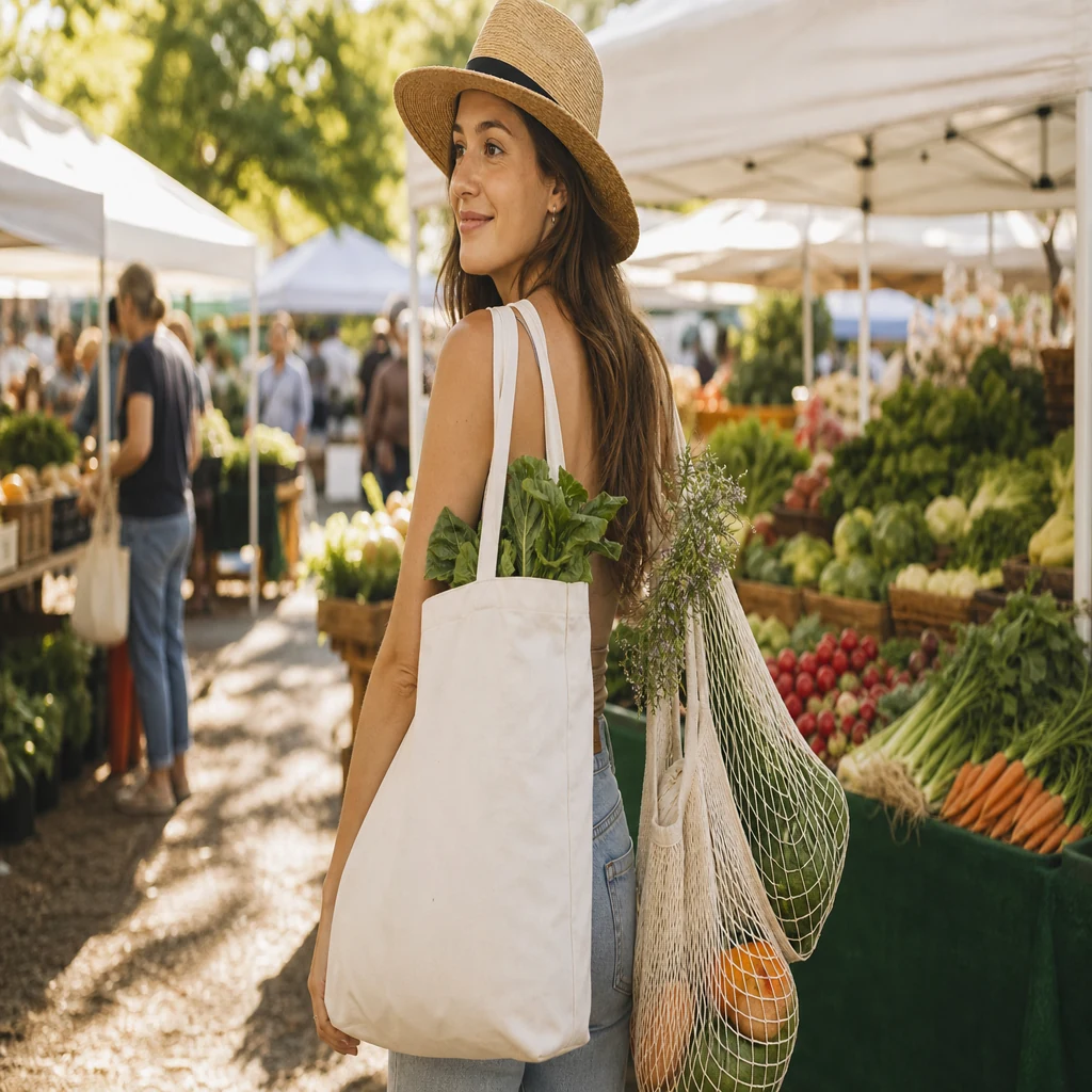 Woman with reusable tote bags arriving at a sunny farmers market