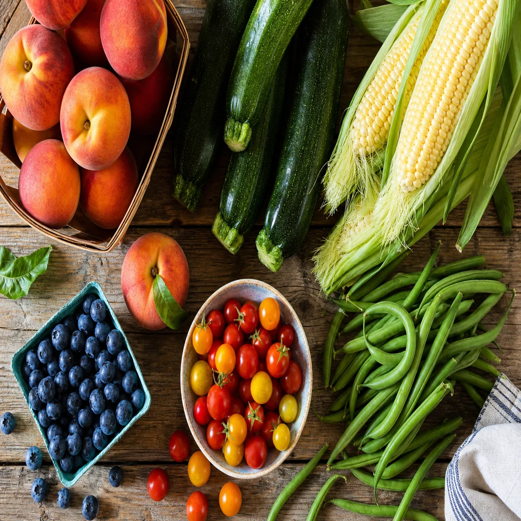 Flat lay of peak summer farmers market produce including peaches corn and berries