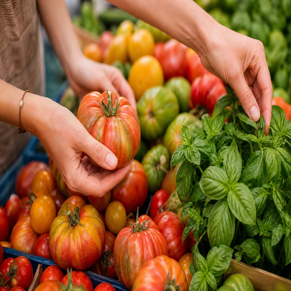 Hands selecting ripe heirloom tomatoes and basil at a farmers market stall