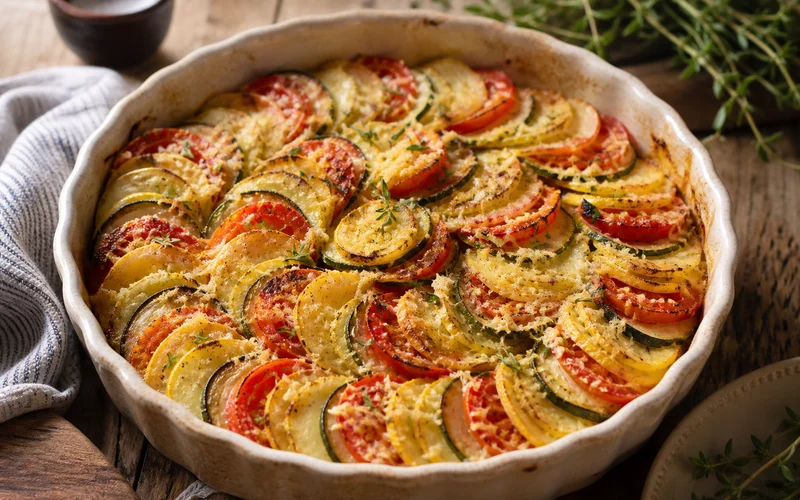 Baked summer vegetable tian with zucchini, squash, potato, tomato, and parmesan