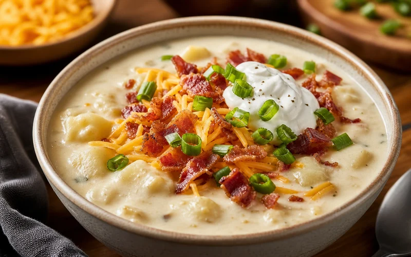 Bowl of loaded baked potato soup topped with cheddar, bacon, sour cream, and green onions