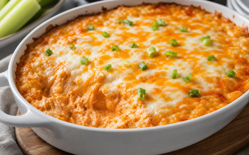 Baked buffalo chicken dip with bubbly melted cheddar and mozzarella in a baking dish