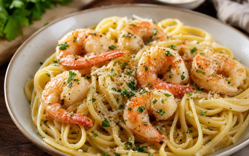 Garlic butter shrimp pasta with linguine, parmesan, and fresh parsley on a plate
