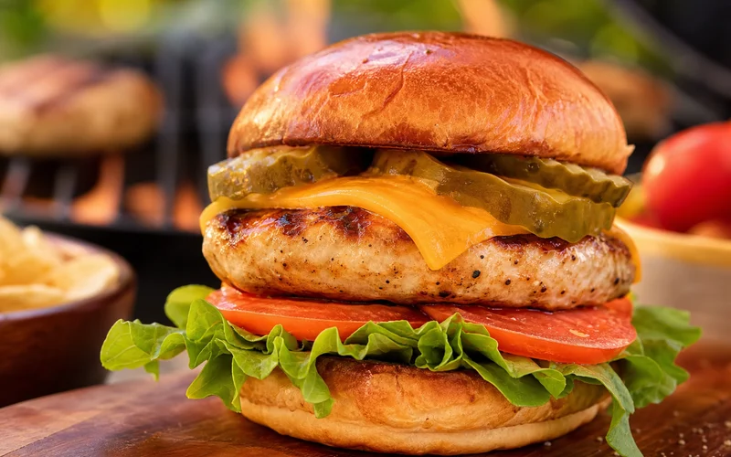 Juicy grilled turkey burger on a toasted bun with lettuce, tomato, and cheese