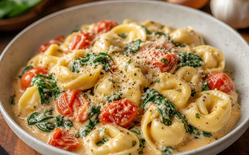 Easy creamy spinach tomato tortellini with cheese tortellini, spinach, and cherry tomatoes in a bowl