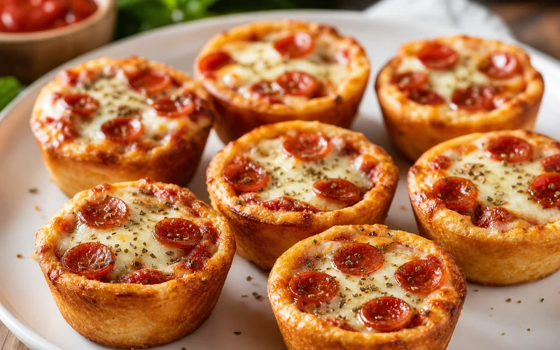 Mini deep dish pizzas with pepperoni, melted mozzarella, and golden muffin tin crusts on a plate