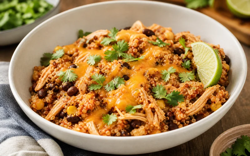 Slow cooker chicken enchilada quinoa bowl with shredded chicken, black beans, corn, cheddar, cilantro, and lime